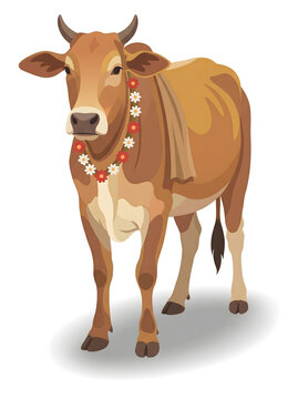 Graceful illustration of a revered brown cow, adorned with a vibrant floral garland, embodying tradition, spiritual prosperity, and cultural heritage