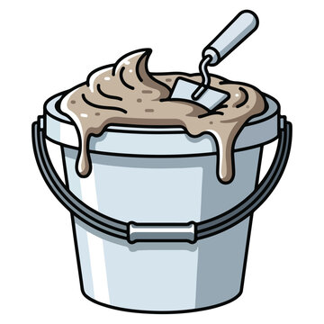 cartoon white paint bucket with trowel and mortar vector illustration
