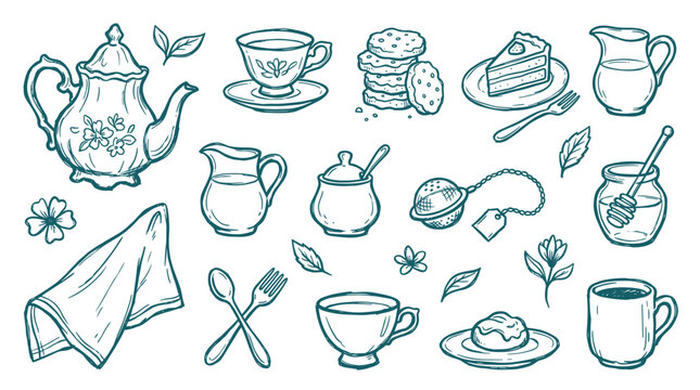 Hand drawn tea time illustration with teapot cups cookies cake and honey delicious beverage break concept