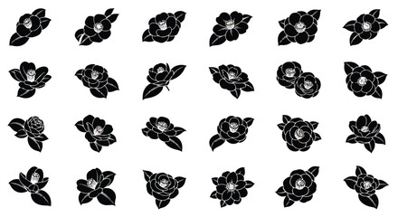 Fototapeta premium Collection of black and white stylized camellia flower icons and illustrations on a clean white background