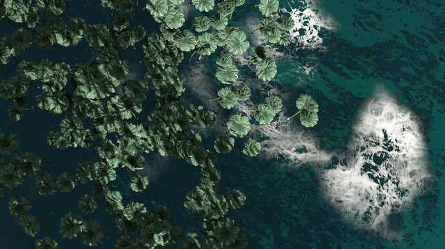 Top View of Floating Aquatic Plants on Blue Water Surface Nature Background