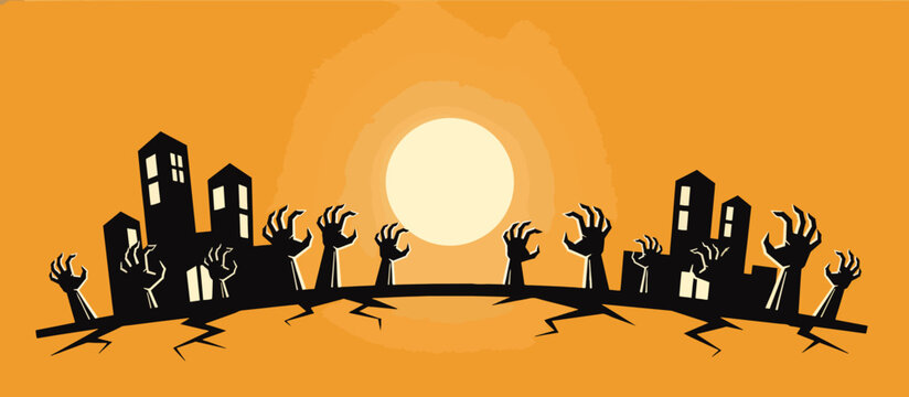 Zombie hands rising from the ground silhouette. Halloween apocalypse scene with city skyline. Spooky horror vector illustration for a party banner