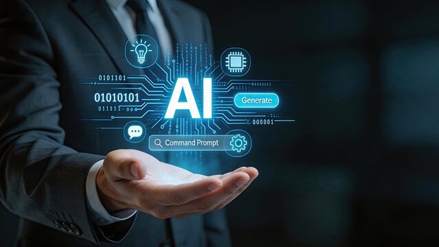 Businessman hand holding glowing AI digital interface with circuit board binary code generate button and command prompt for artificial intelligence technology concept