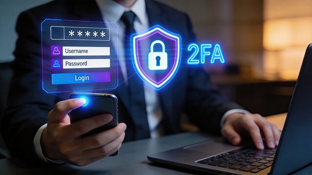 Businessman using smartphone with two factor authentication 2FA login security shield hologram interface for data protection cyber security concept secure access system digital