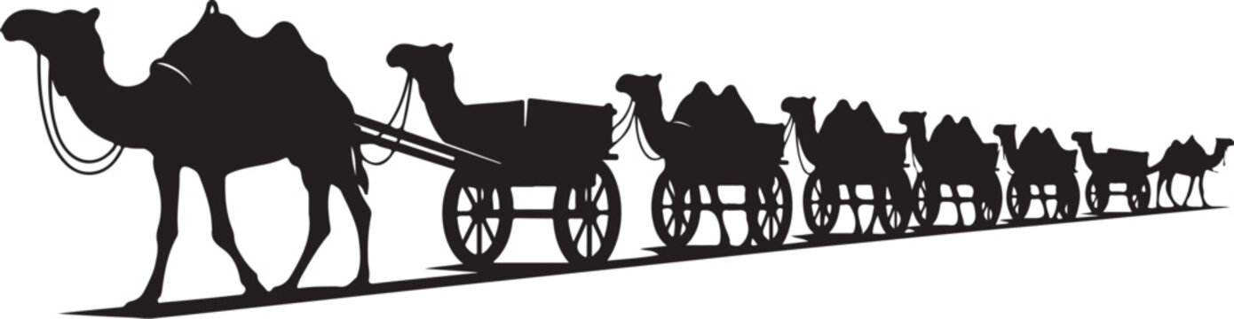 Desert caravan, camel silhouettes, vintage travel icons, black vector graphics