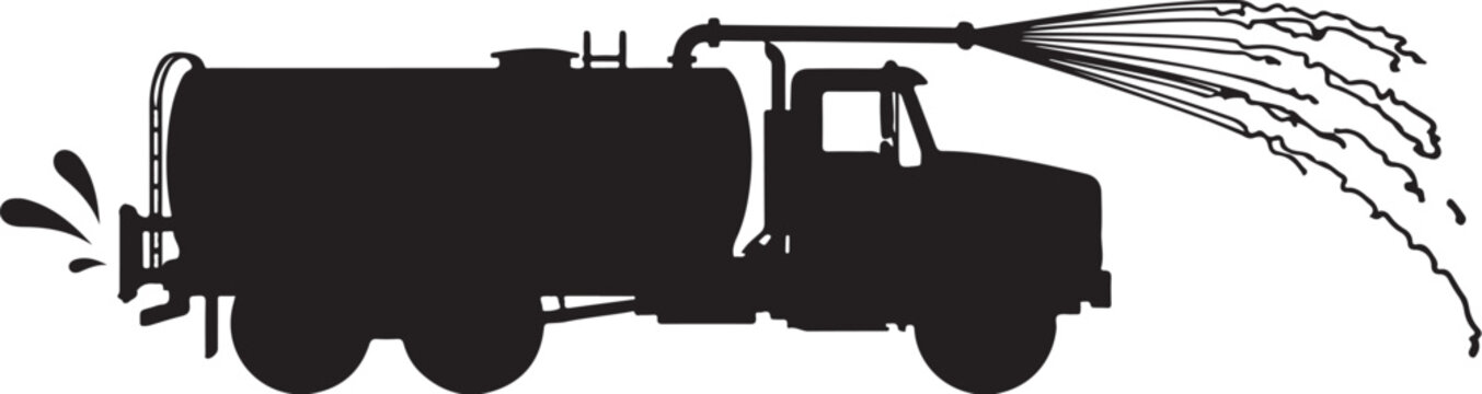 Black silhouette fire truck, water tanker, fire engine icon, emergency vehicle