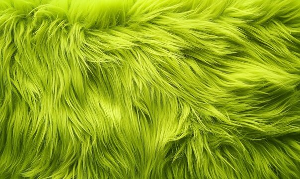 Bright lime green shaggy faux fur textile texture background, soft and fluffy material.