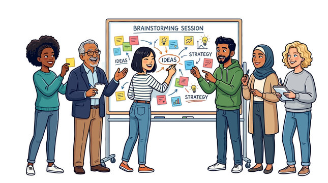 Diverse group of people brainstorming together.