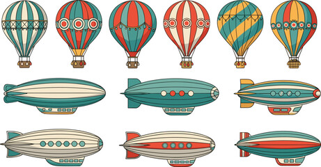 Hot Air Balloon and Airship Icon Set Featuring Vintage Zeppelins and Colorful Balloons for Travel, Aviation, Adventure, and Transportation Design © MbBasir
