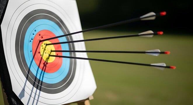 Archery target with multiple arrows stuck in the bullseye during outdoor practice