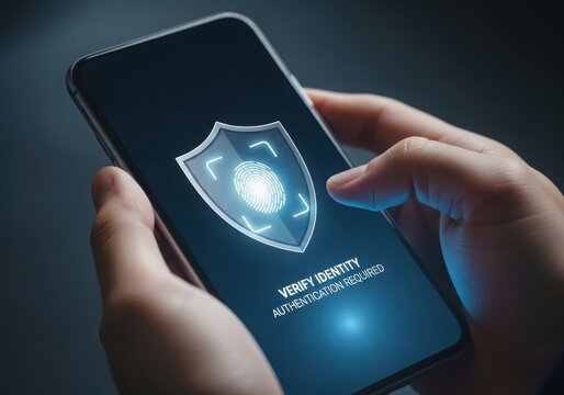 Person using smartphone for identity verification with authentication required