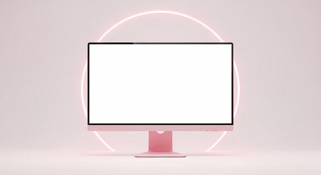 Modern pink desktop computer with blank screen and neon circle