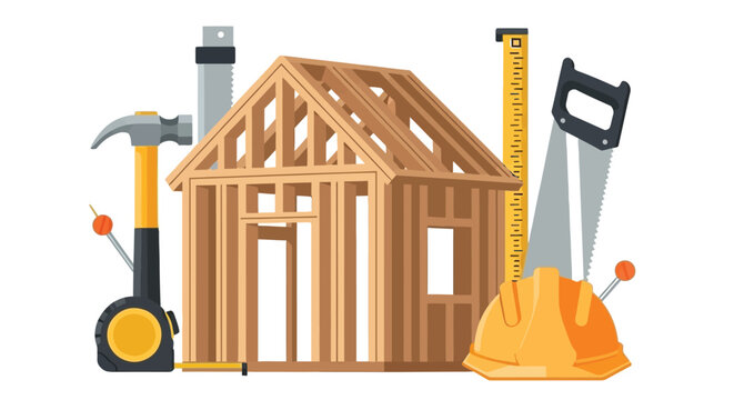 Construction tools and a wooden house frame illustrate building and renovation concepts