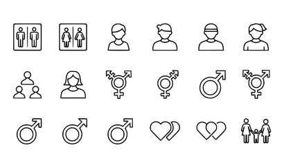 Fototapeta premium “Gender related line icon set with restroom signs, user avatars, and relationship symbols in minimalistic 48x48 outline style”
