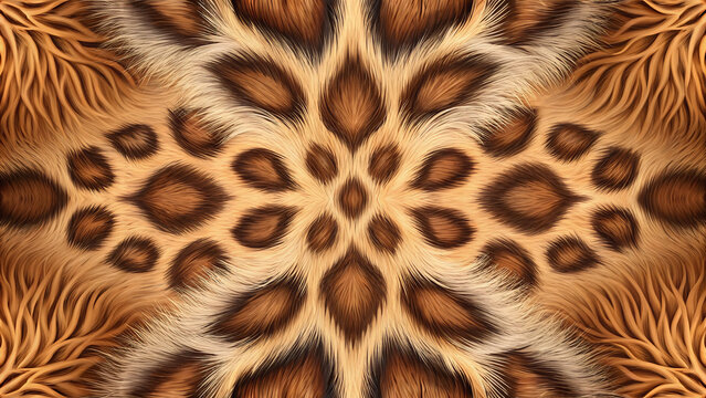 Beautiful kaleidoscope pattern of animal fur with leopard spots and soft hair texture in symmetrical floral design
