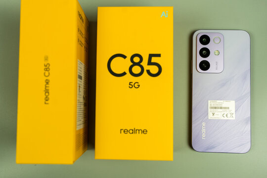 Bangkok, Thailand - April 3, 2026 : Realme C85 5G. Parrot Purple. Processor MediaTek Dimensity 6300