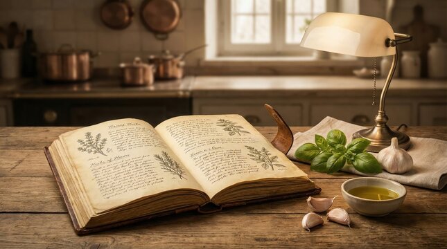 Open handwritten cookbook on wooden table in kitchen