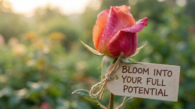 Vibrant Rose Bud About to Bloom With Inspirational Tag