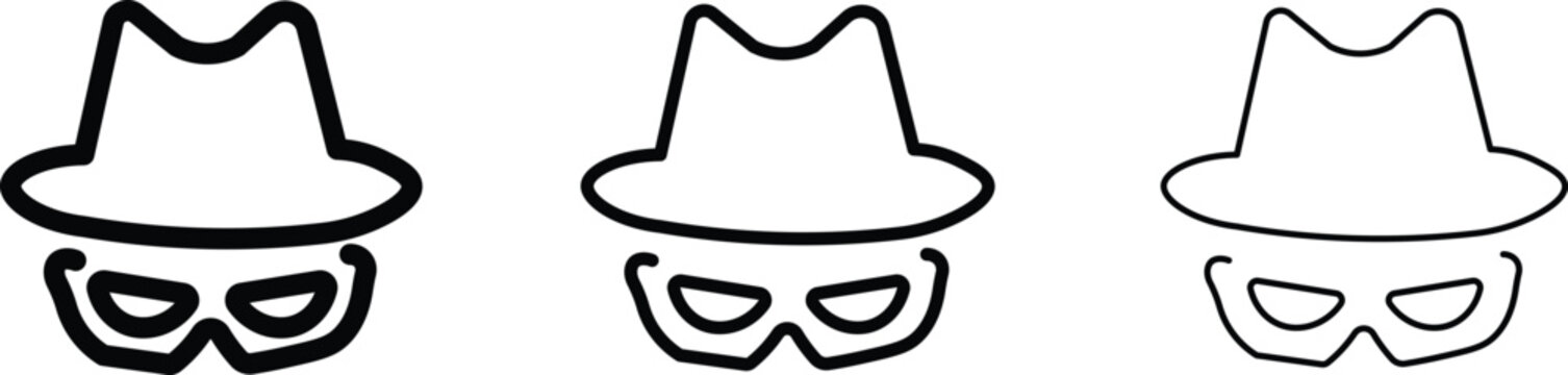 Incognito hacker icon set with fedora hat and mask, black outline spy vector symbols, mysterious anonymous character avatar for cybersecurity