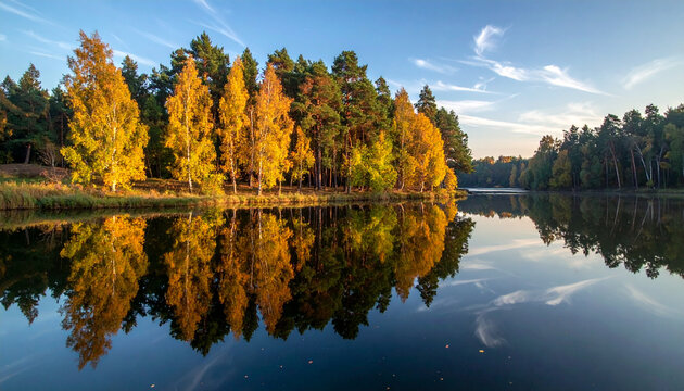Autumn lake reflection landscape