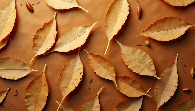 Dried brown and light brown leaves and small dark brown acornlike objects scattered on a reddishbrown surface