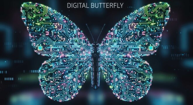 Digital butterfly illustration with circuit board patterns, technology concept for digital transformation, artificial intelligence and future innovation, colorful abstract design.