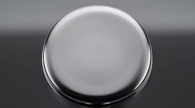 Glossy metallic button, abstract chrome push button, sleek modern design element, futuristic interface component for technology and business applications