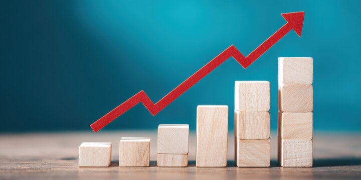 Wooden cubes stacked like steps with arrow rising upward. Business growth, success, progress. Wood blocks staircase and red line going up. Blue background. Conceptual bar chart. Increasing results.