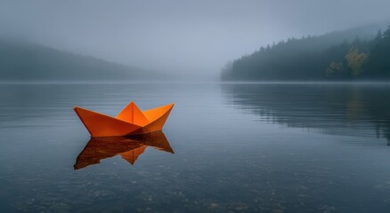 Floating Orange Paper Boat: A solitary orange paper boat drifts serenely on a tranquil lake, its reflection mirrored in the calm water against a backdrop of mist-covered mountains.