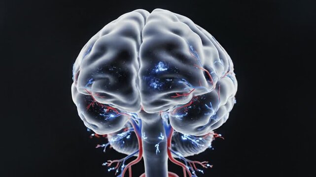 Medical 3D illustration of the human brain from a lateral profile view, highlighting the cerebral cortex, gyri, sulci, cerebellum, and the complex circulatory system of veins and arteries.