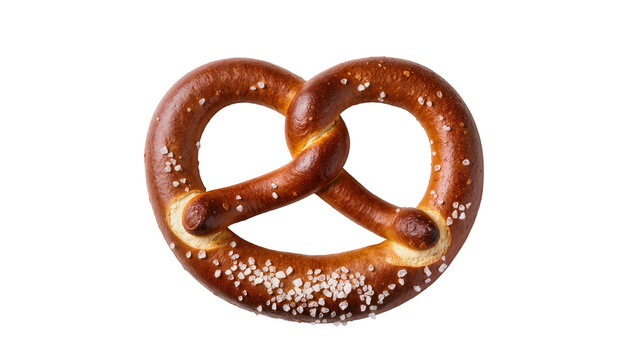 Golden brown pretzel with coarse salt crystals, isolated on transparent background