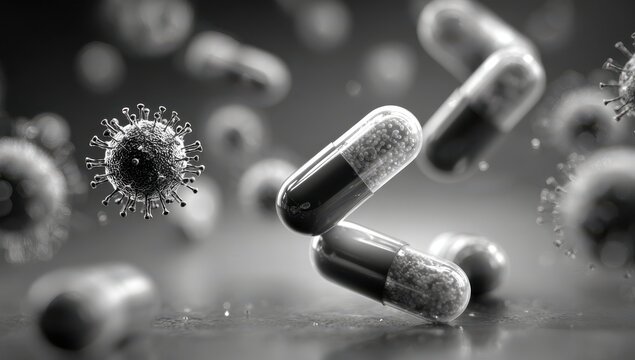 Capsule of Cure: A striking monochromatic image unveils a group of therapeutic capsules poised near virus, symbolizing a race against viruses in medical treatment.