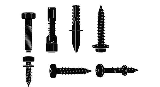Assorted black silhouette illustrations of various screws bolts and wall anchors