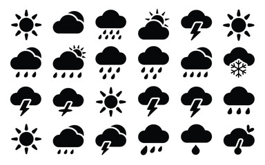 Obraz premium Set of black and white weather icons featuring sun clouds rain lightning snow and thunderstorms in minimalist design for forecasting