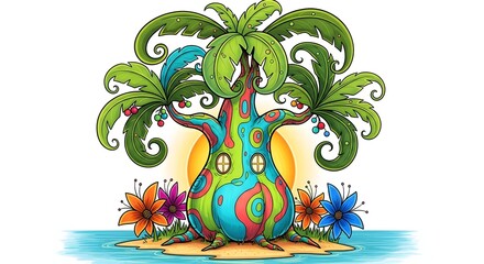 Fototapeta premium Whimsical treehouse a colorful tropical escape with vibrant flora and fauna