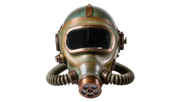 Steampunk diving helmet with green patina and copper accents, isolated on transparent background