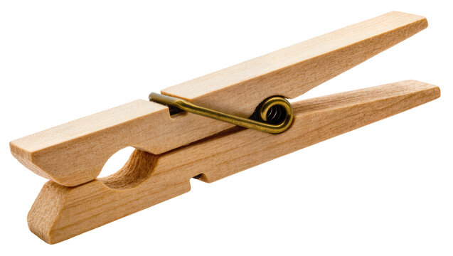 Natural wood clothespin with metal spring, isolated on transparent background