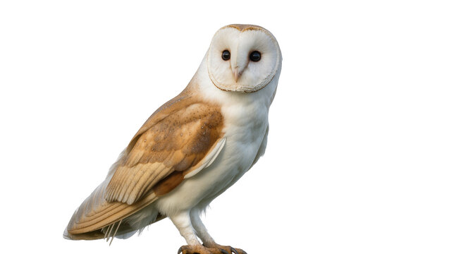 Barn owl with white face and brown wings, isolated on transparent background
