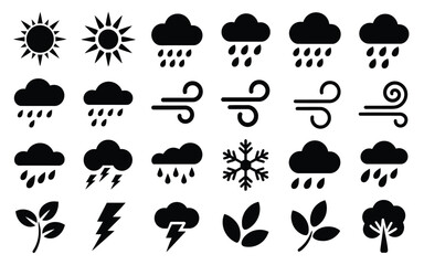 Obraz premium Weather and climate icons including sun clouds rain wind snow lightning and plants in minimalist black and white vector style for design and illustration