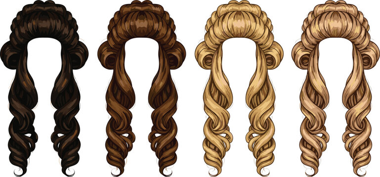 Historical Curly Wig Hairstyles Vector Illustration Set with Vintage Court Wig Styles in Different Hair Colors Collection