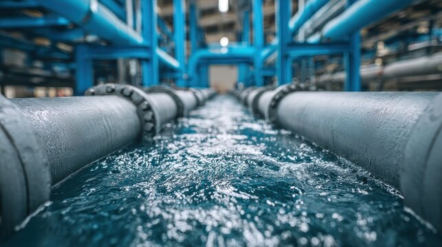 Close-up view of clear water flowing through a channel in an industrial water treatment or desalination plant with blue pipes.