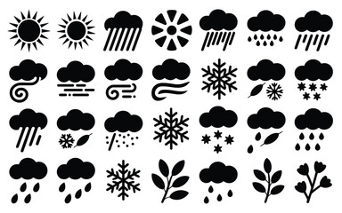 Fototapeta premium Black and white vector icons depicting weather symbols including sun clouds rain snow and wind in a clean minimalistic style