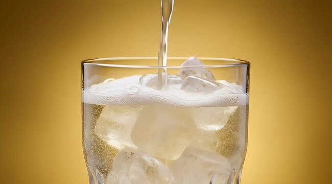 Refreshing ginger ale pouring into glass with ice cubes, sparkling soda beverage with white foam, cold fizzy drink on golden background