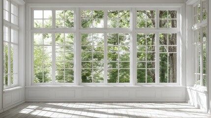 Fototapeta premium Empty bright room with large white-framed multi-pane windows offering a scenic view of a green forest during daytime.