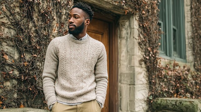 man wearing light knit spring sweater