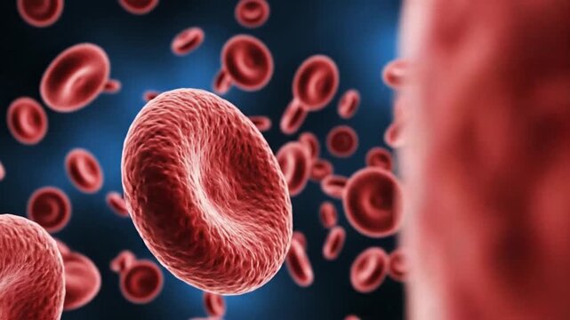 3D medical illustration showing human red blood cells or erythrocytes with biconcave disc shapes and textured surfaces floating against a dark blue background in a microscopic view.