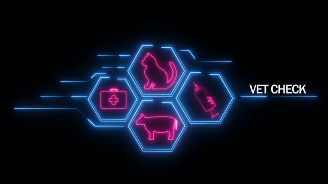 Neon veterinary clinic for pet and farm animal care including a cat cow first aid kit and syringe with glowing blue lines on a black background