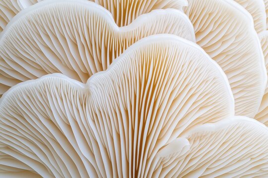 Oyster mushroom gills showing delicate lines and natural texture, creating a fascinating abstract pattern with soft beige tones