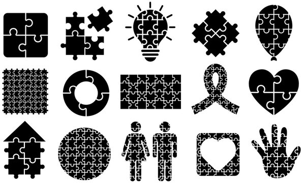 set vector puzzle icon collection. world autism awareness symbol. jigsaw puzzle logo template illustration