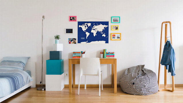 Student dorm room with world map and desk with coat rack